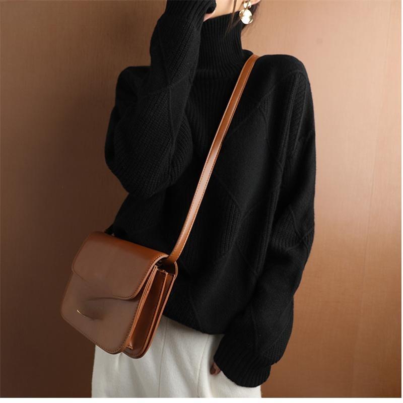 Dámský svetr s vysokým límcem Podzimní a zimní ležérní univerzální volný teplý pletený svetr Jednobarevný pulovr