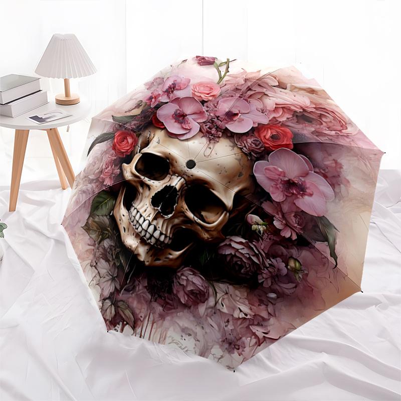 

1pc Skull & Blooms Automatic Opening and Closing Umbrella - Suitable for Various Occasions, Outdoor Activities, Lightweight and Durable Automatic