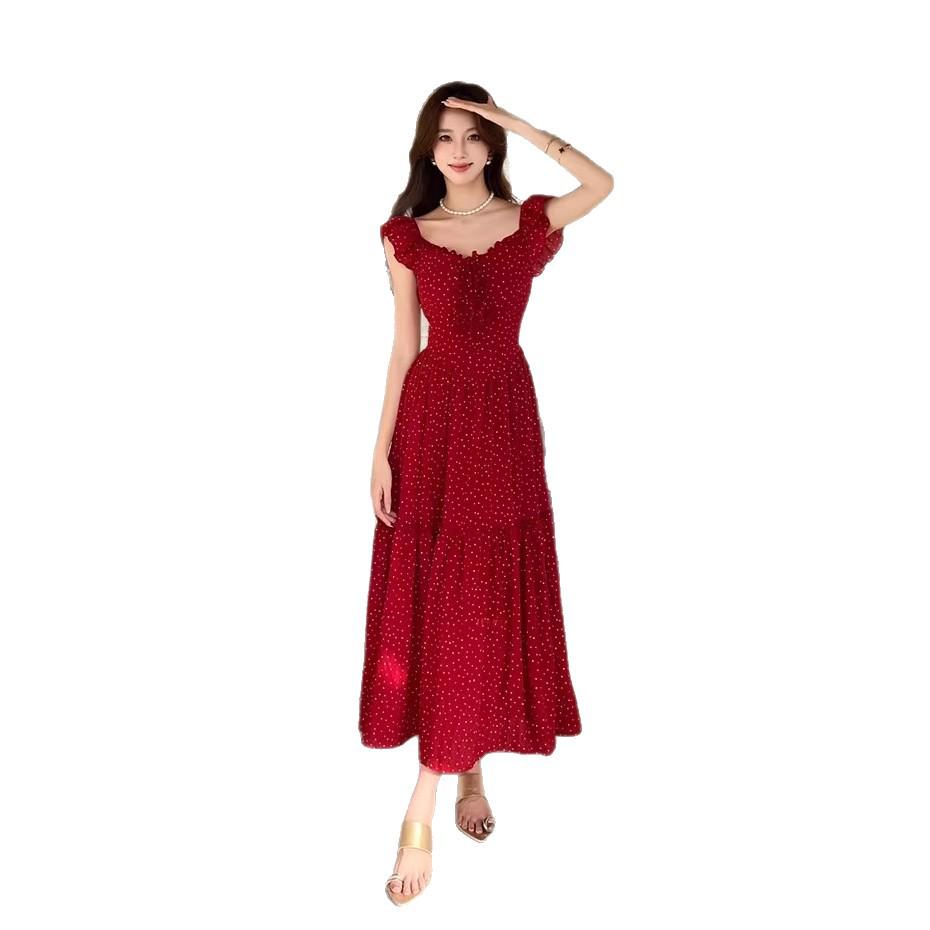 French Retro Red Polka Dot Slimming Summer Dress for Women - Waist-Cinched, Resort Style, Long Design