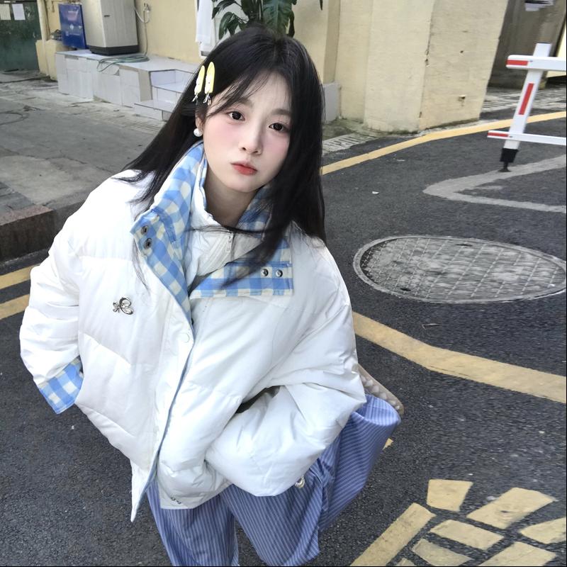 Winter Loose Plaid Patchwork Cotton Coat Women Double Layer Collar Puffer Jacket