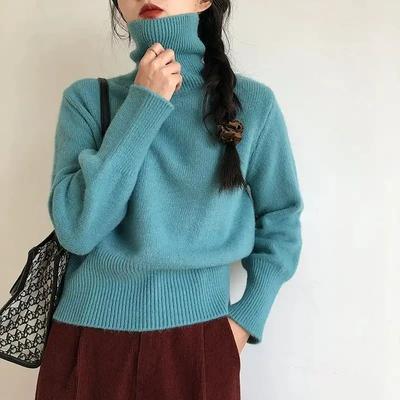 Modny Stylowy Luźny Sweter Damski z Golfem Jesień Zima Nowy Retro Koreański Lenistwo Styl Wewnętrzna Bluzka