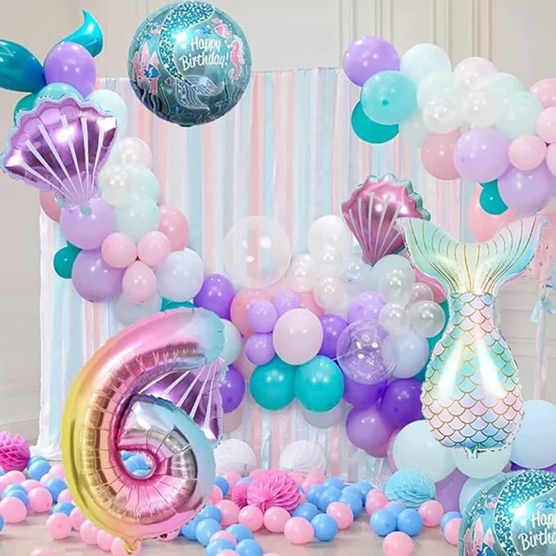 6 pcs Mermaid Tail Ball Digital Foil Balloon Set Mermaid Ocean Fairy Tale Sea Theme Girl Birthday Party NUMBER0-9 Decoration