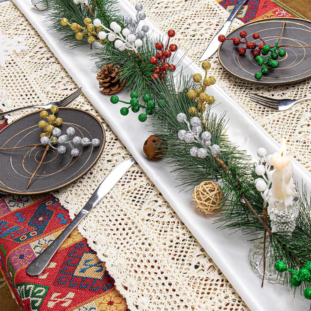 32 Pack Glitter Christmas Picks, 6.5-Inch Red Artificial Berry Stems for Xmas Tree & Home Decor