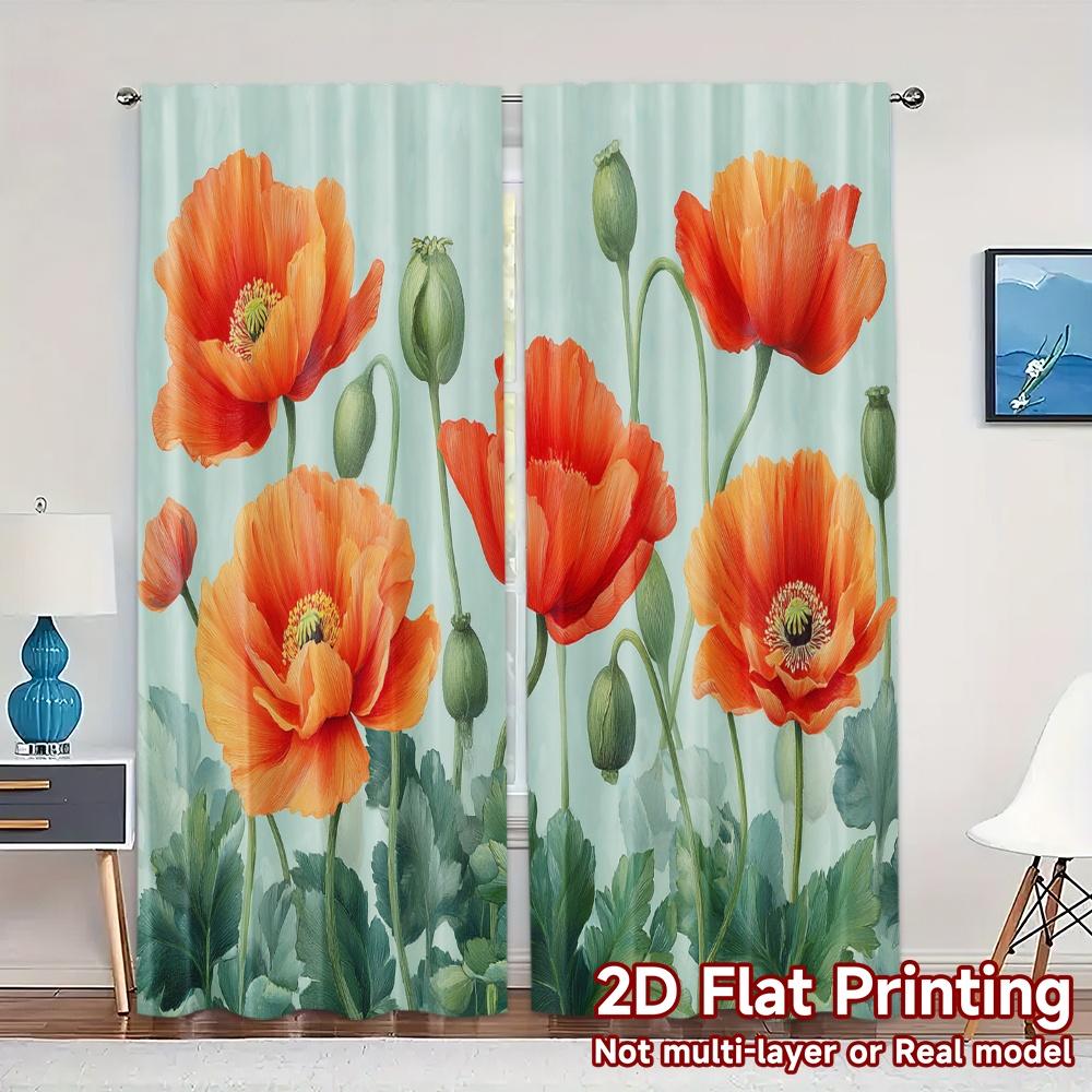 

2D FLAT PRINTING 2pcs Curtains (Without Rod) Floral Poppy Design Modern Fashionable Curtainments during the Ramadan holiday 100*130 Rod Pocket 1pcs