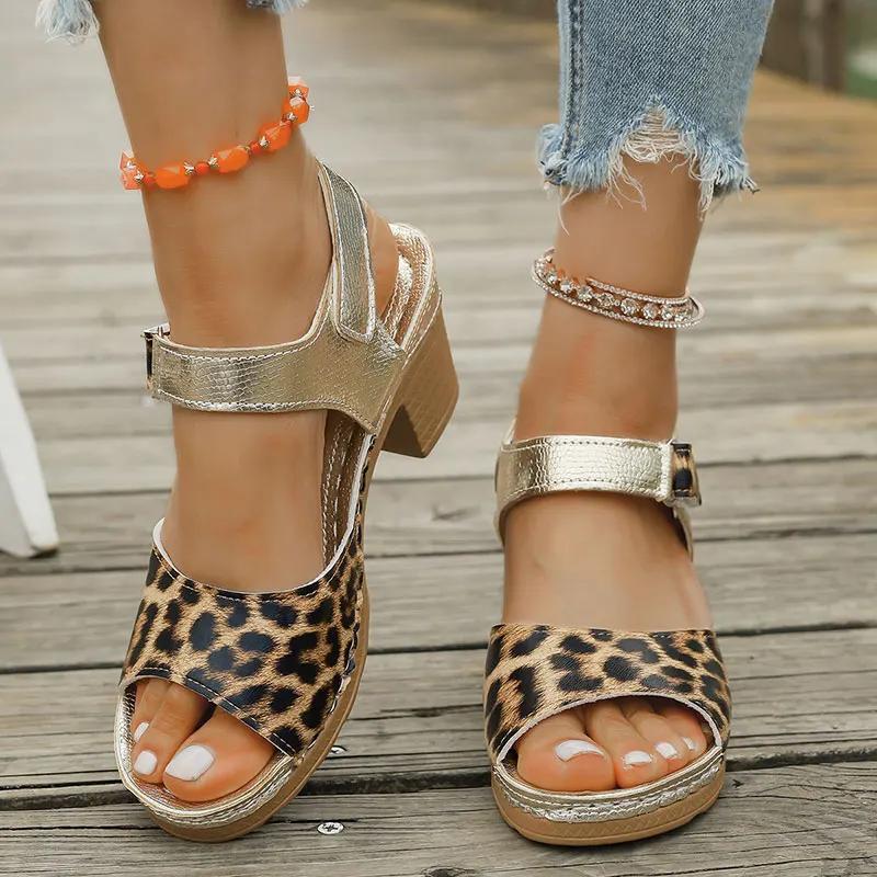 Fashion Fashion Leopard High Heel Sandals  Women Plus Size Square Heels Chunky Platform Party Sandals Summer Thick Sole Non Slip Sandls
