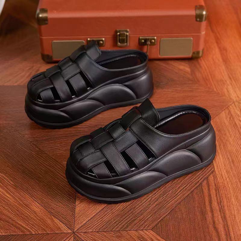 Baotou Half Slippers Women's Summer Outer Wear 2025 New Fashionable Versatile Retro Woven Hollow Breathable Thick-bottomed Cool Slippers