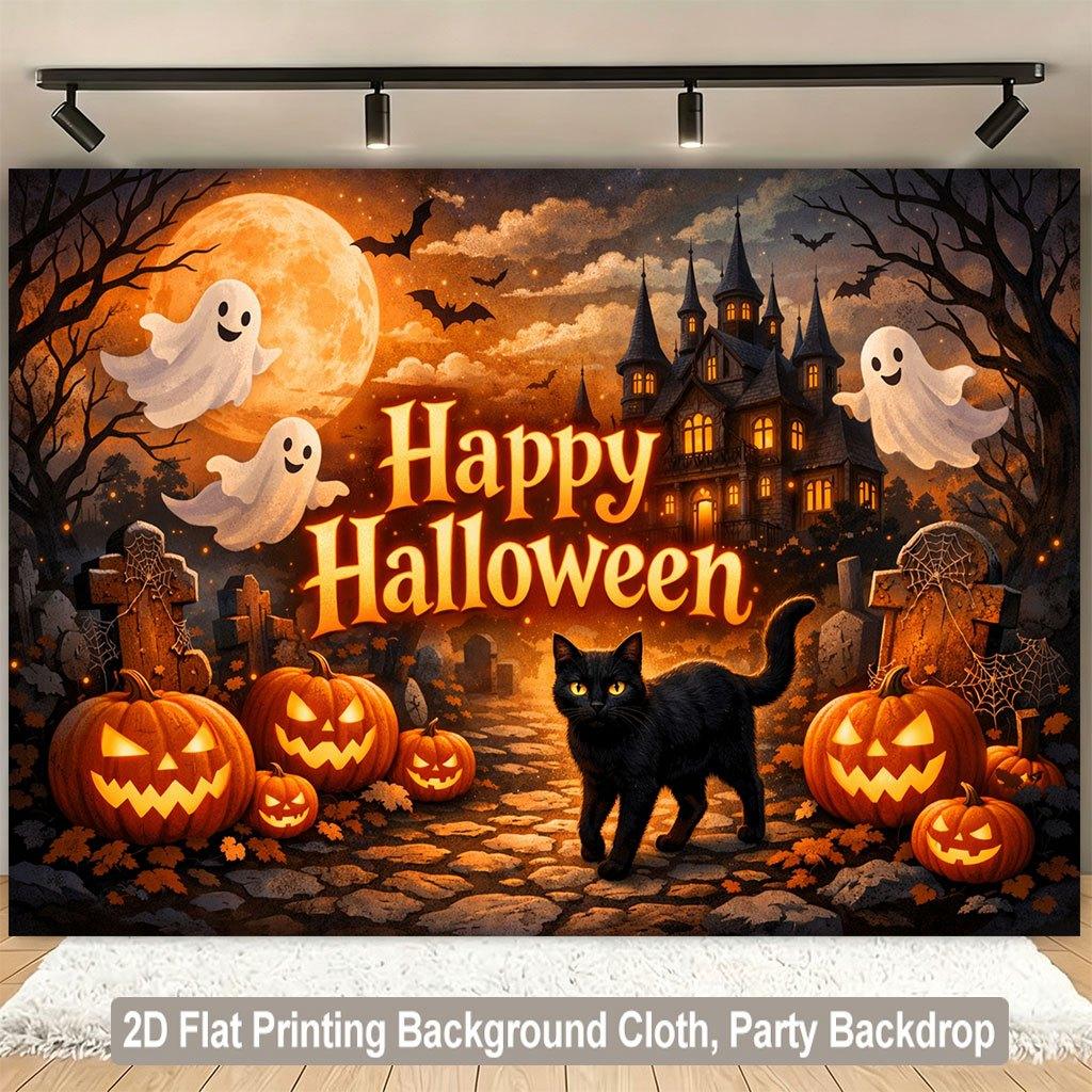 1 piece of 2D flat background fabric, Halloween pumpkin lantern and black cat ghost background fabric, home decoration