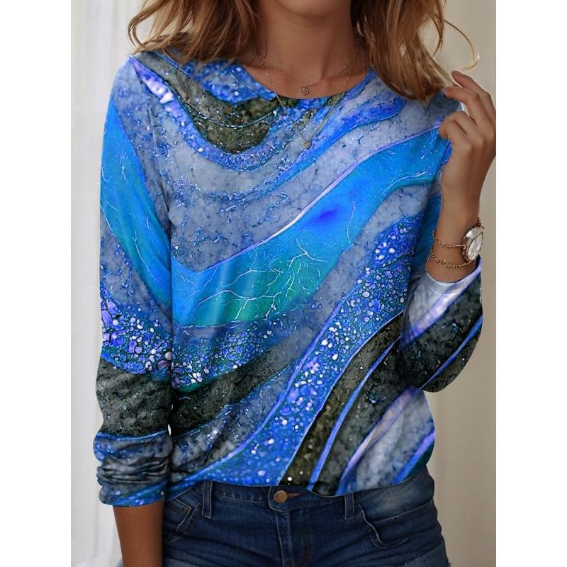 

Весенне-осенний топ с круглым вырезом, 3D-глиттером и абстрактным принтом, модные повседневные женские футболки с длинным рукавом 5XL
