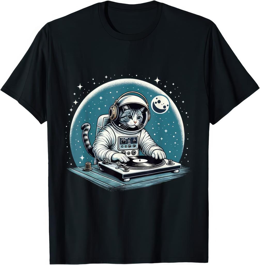 DJ Space Cat Astronaut T Shirt Disc Jockey Kitty Music Galaxy Graphic Tee