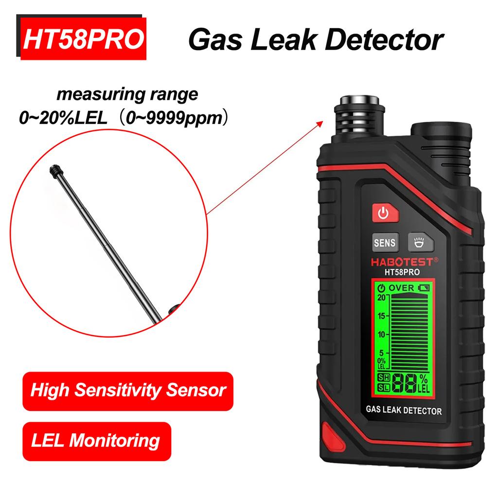 HT58PRO Gas Leak Detector Natural Gas Detector Sound & Light Alarm 0-9999ppm Portable Combustible Gas Detector Extendable Probe