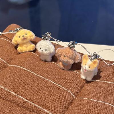 4 Peças 3D Flocado Cachorrinho Alça de Celular Fofo Desenho Animado Cachorrinho Corrente de Celular Chaveiro Cordão Bolsa Pingente de Chave Presentes de Casal