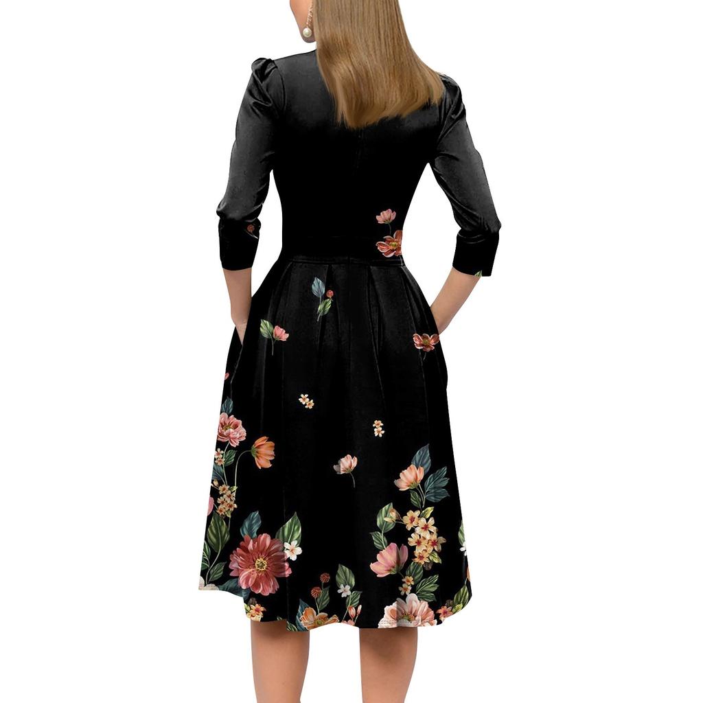 Damska sukienka casualowa i modna z 3/4 rękawami, kieszenią i zamkiem błyskawicznym z tyłu