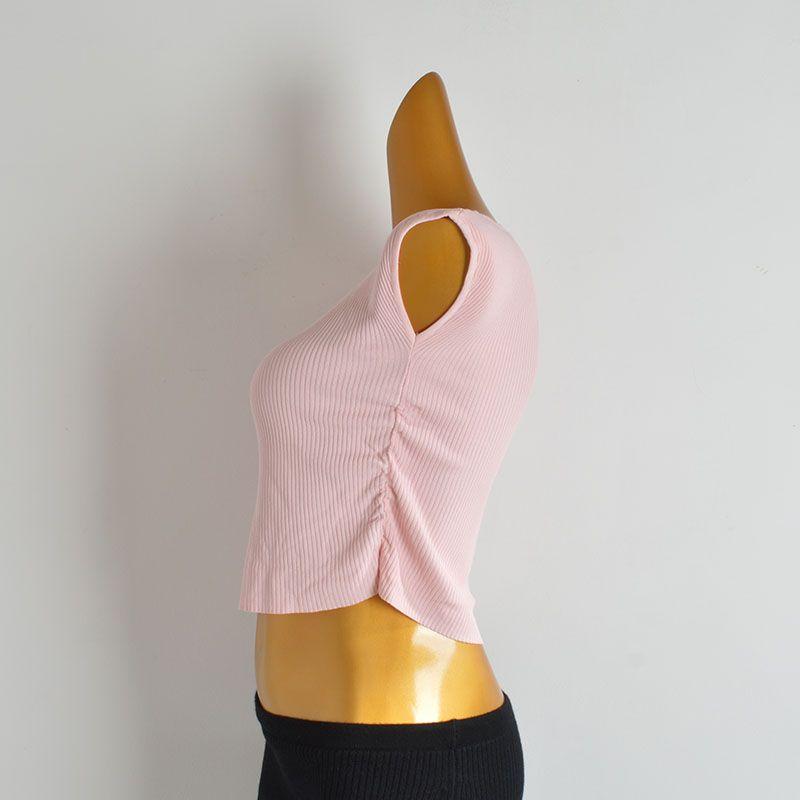 Summer Pure Color U Collar Pullover Ice Silk Knitting Bottoming Shirt Women's Waist-Tight Slim Looking Ruched Flying Sleeve T-shirt Tops