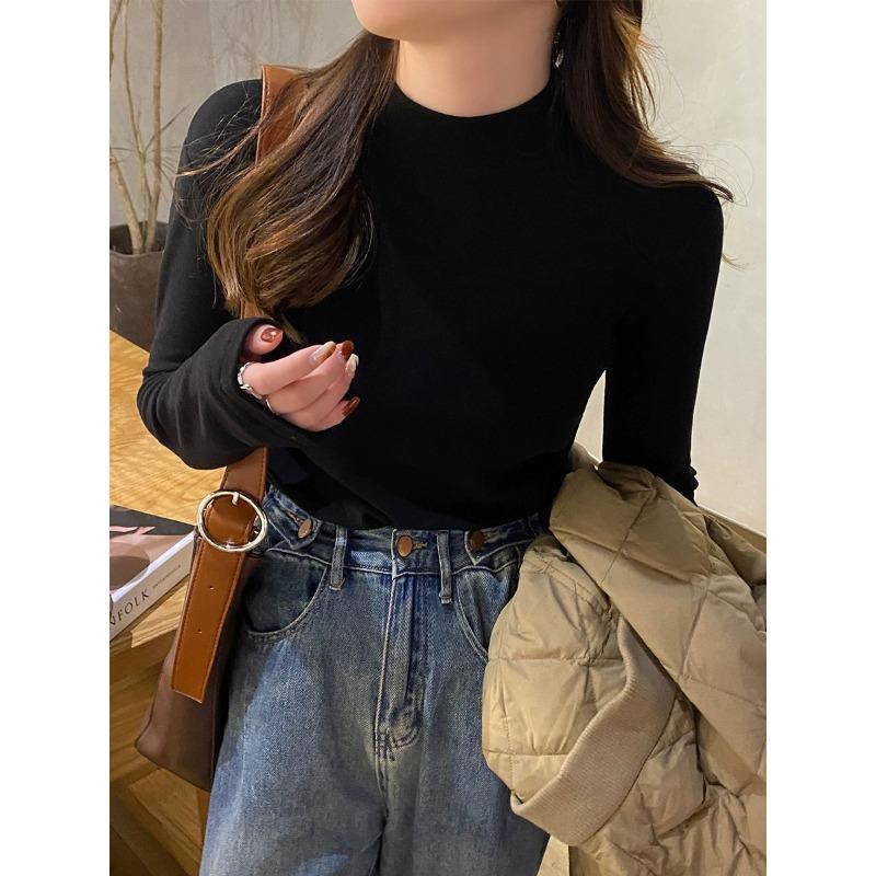 Temperament semi-turtleneck fishbone line design bottoming shirt women's spring slim-fitting simple long-sleeved inner middle-necked top