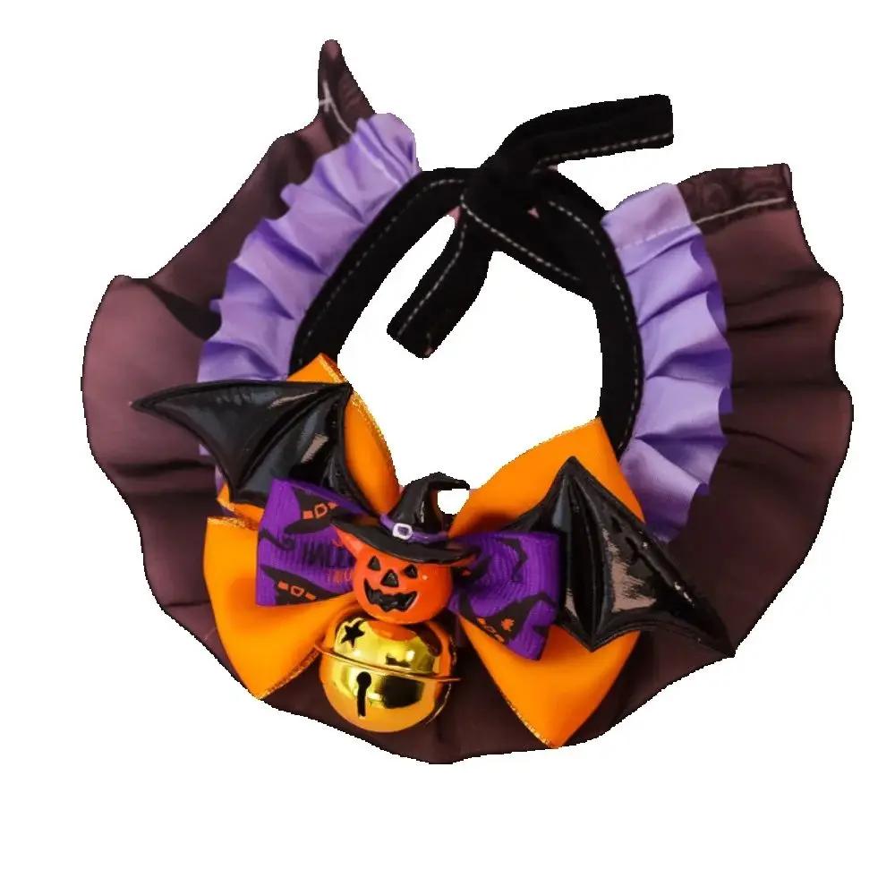 Dog Accessories Adjustable Halloween Cat Collar Soft Lace Puppy Bat Bow Tie with Bell Dog Pumpkin Bow Collar Festive
