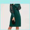 Elegant French Style Long Sleeve Lace Colorblock Dress For Business And Evening Events