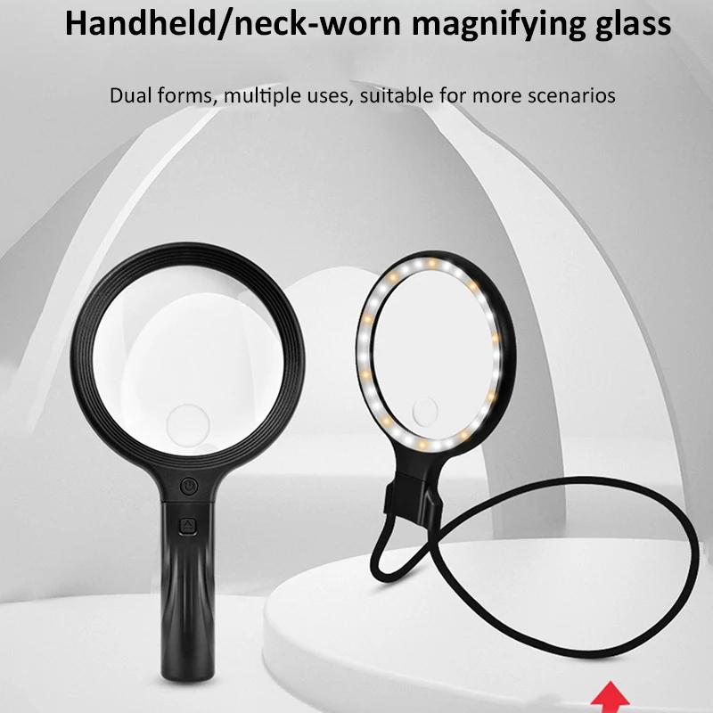 2-in-1 Neck-wearing/Handheld Magnifier Rechargeable Magnifying Glass 30 LEDs Hands Frees 5X 10X Magnification Glass for Reading