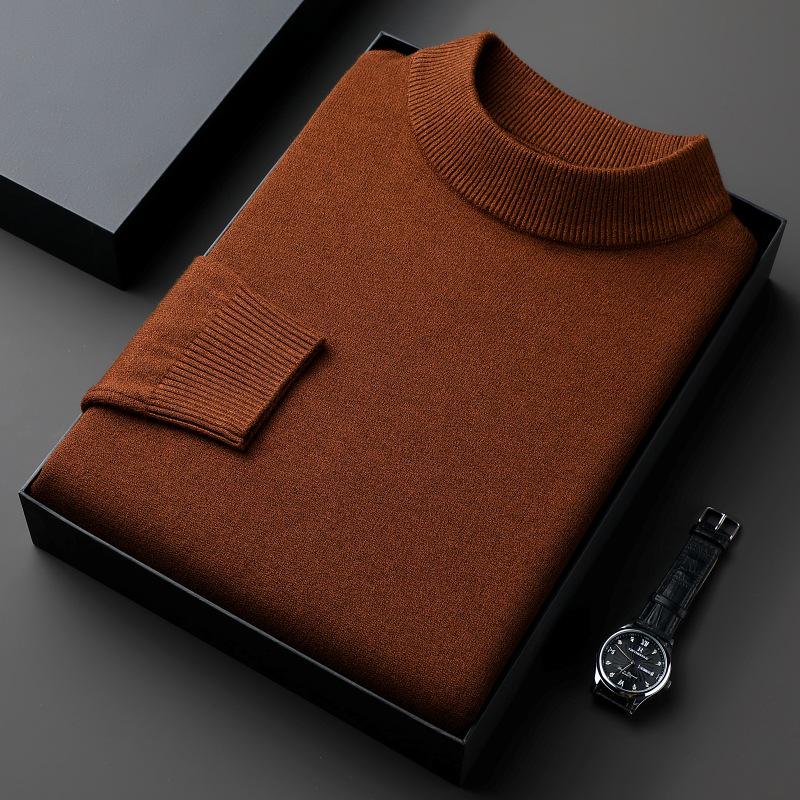 Men s Wool Blend Half-High Collar Pullover Sweater – Autumn/Winter Casual Solid Color Knitted Base Layer 3XL