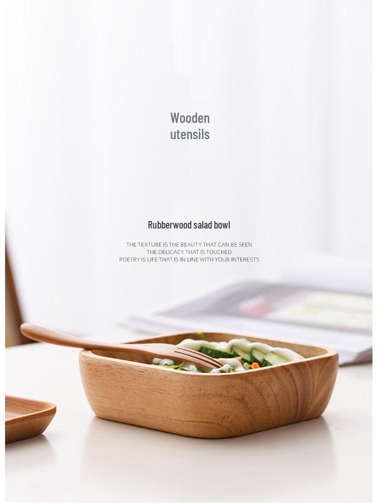 Japanese Style Solid Wood Square Salad Bowl - Simple Wooden Tableware Dish