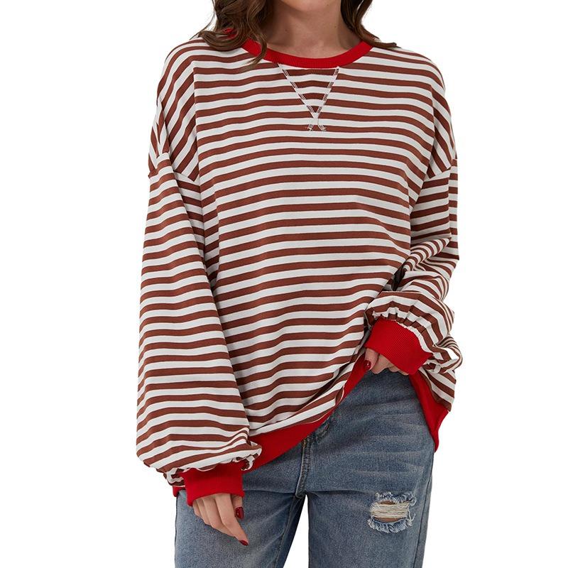 Loose Striped Long Sleeved Round Neck Women's T-shirt
