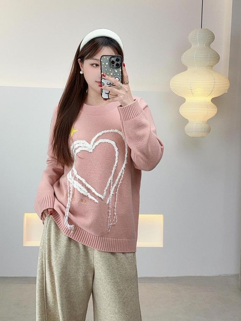 Shuangtian Winter Plus Size Women's Heart Pattern Knit Sweater