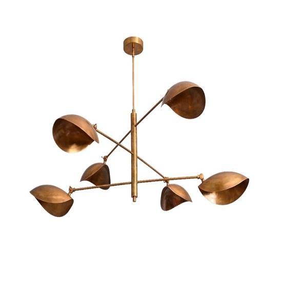 6 Light Curved Pendant Sputnik Chandelier | Mid Century Modern Raw Brass Ceiling Fixture