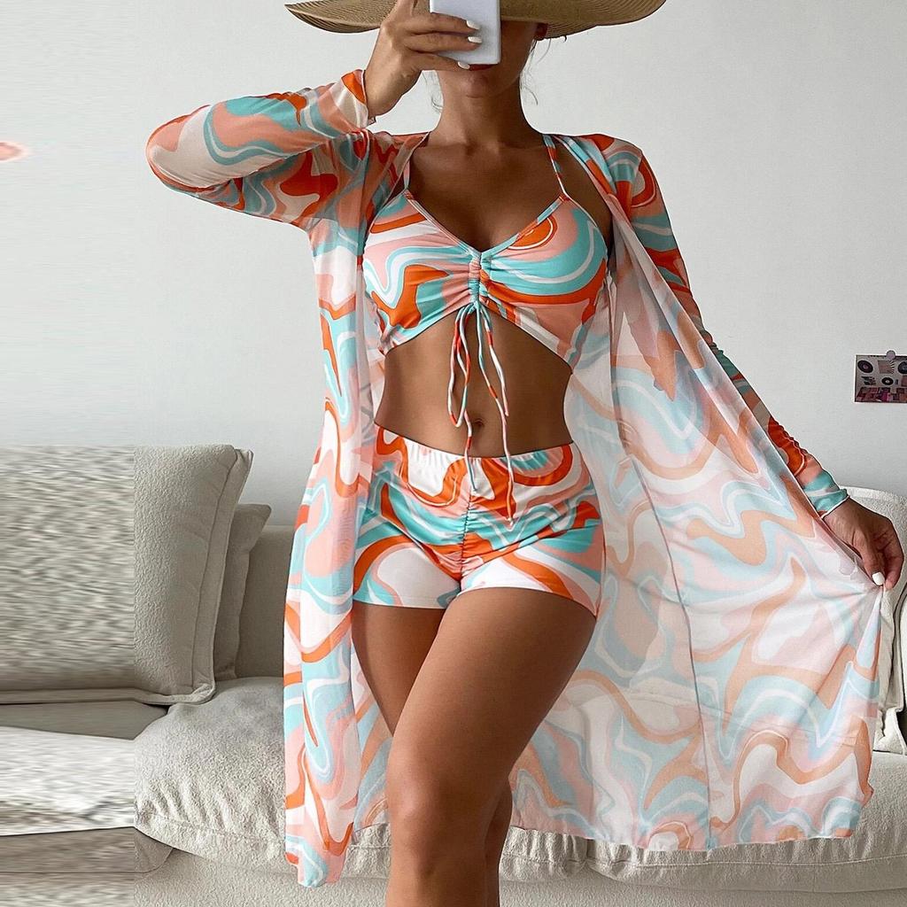 Swimsuit Women's Split Three Piece Set High Waist Long Sleeve Ins Overshirt Drawstring Printed Bikini Suits