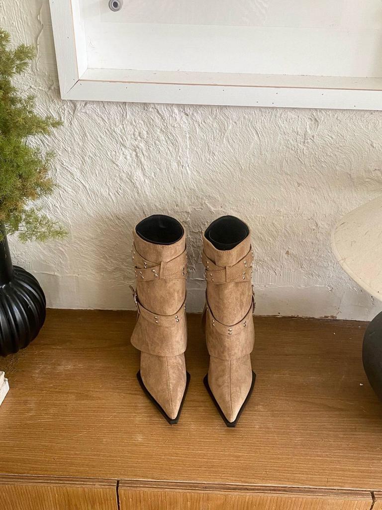 2025 New European and American Style Belt Buckle Wide Tube Pointed Head Thin Heel Thin High Heel Short Boots