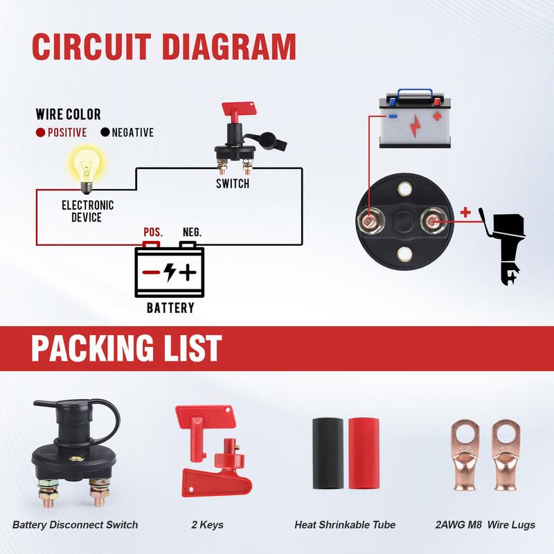 12-24V Battery Disconnect Switch 300A Battery Master Isolator Cut Off Power Kill Switch with 2 Red Key for Marine RV ATV