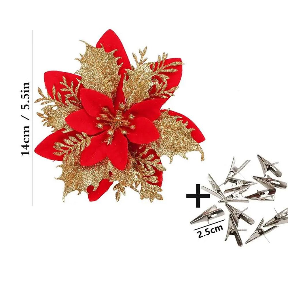 

10pcs 14.5cm Glitter Artifical Christmas Flowers With Clips Stems Simulated Maple Leaf Christmas Flower Head Golden Pink Flower