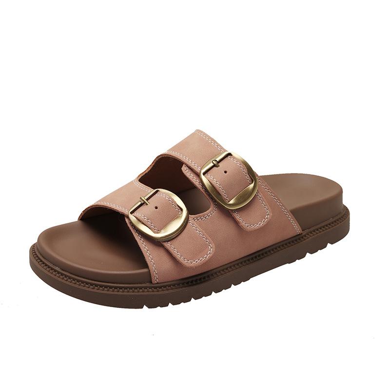 Retro Thick-soled Double-buckle with Drag Women's Shoes, Summer New Fashion Flat-soled One-word Sandals Women's Shoes