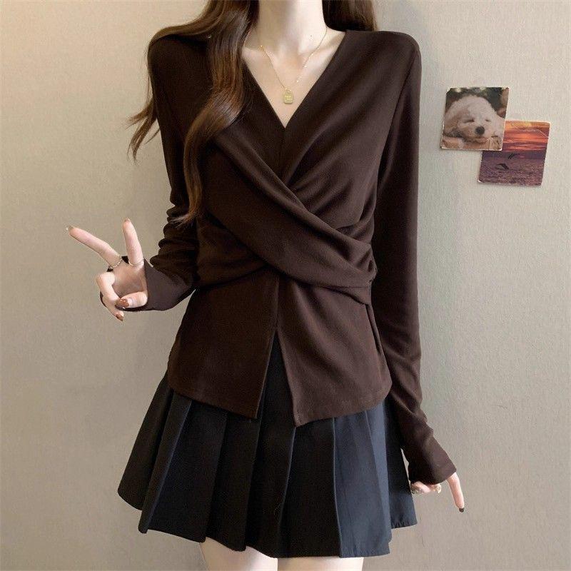 

Women s Korean V-Neck Corduroy Long Sleeve T-Shirt: Slimming Plus Size Autumn/Winter Base Layer 4XL (181-200 jin) кофейный