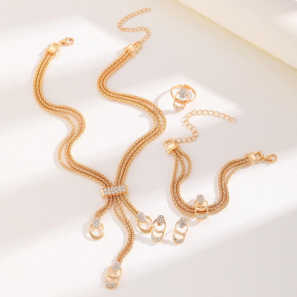 5Pcs Earrings Rhinestone Jewelry Suit Geometric Bracelet Chain Set Tassel Necklace Suit  Party