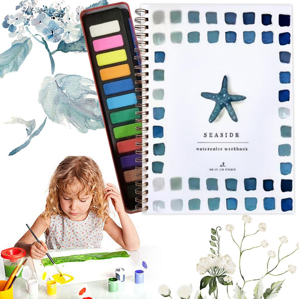 Watercolor Painting Kit with Paint Brushes and 12 Colors of Paint Spiral-Bound Pages Water Coloring Books Art Draw Sketch Books