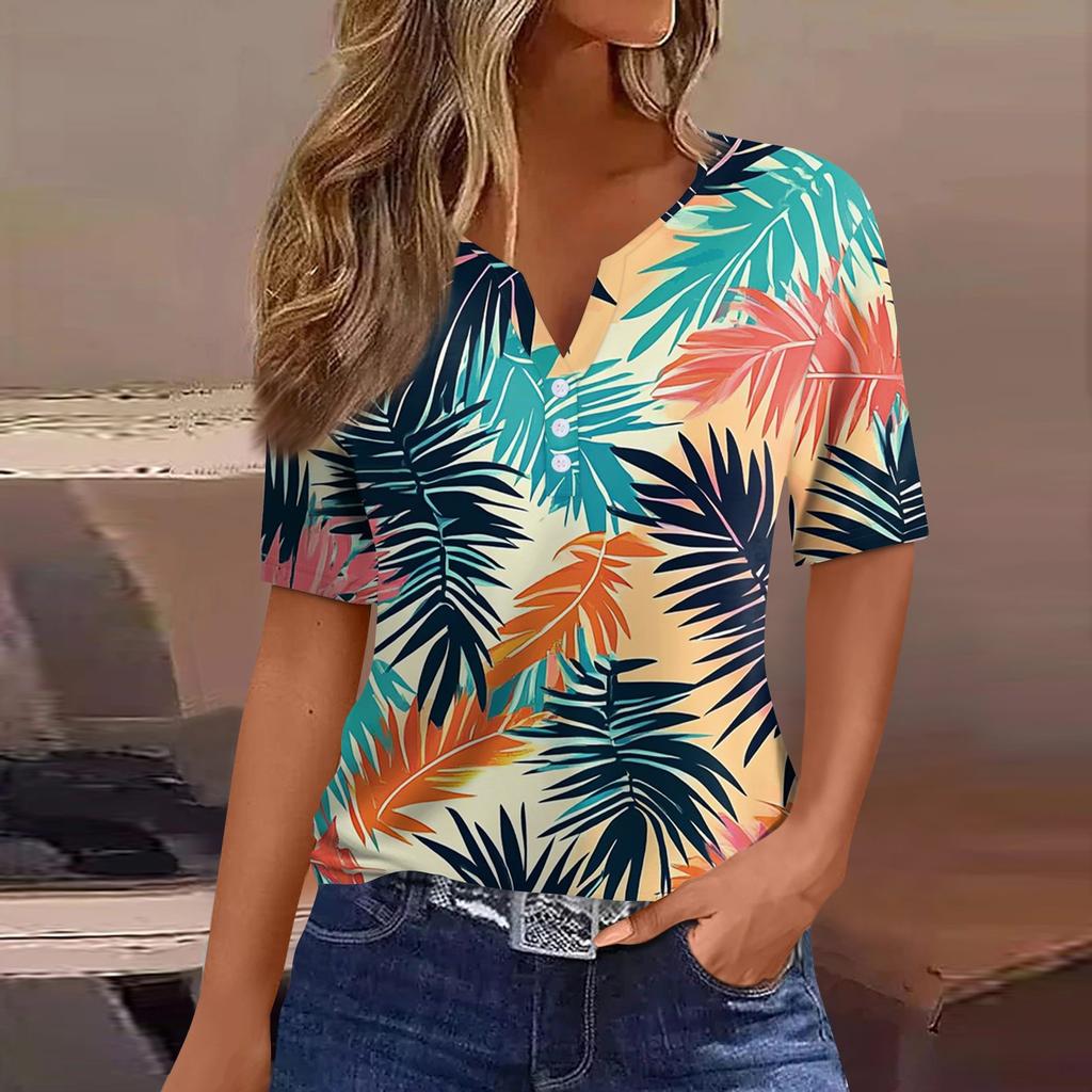 Women's T Shirt Print Button Short Sleeve Daily Weekend Fashion Basic V- Neck Regular Top