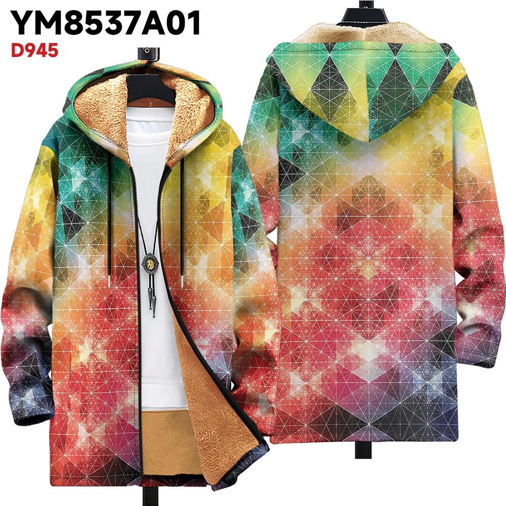 New Jacket: Multi-colored Pattern Elements, Zipper Hooded Cardigan, Thickened Winter Fleece Padded Clothes, Yellow Lining, Trendy Cotton Clothes