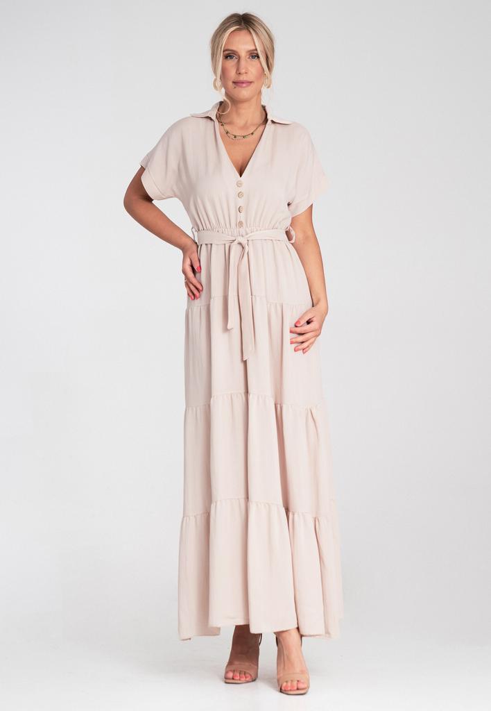 Letnia Sukienka Maxi - Sukienka Z Kołnierzykiem I Falbankami - Beżowa M1195 R. S/M