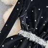 Balck Hepburn Sweet Style Women's Dress Flare Long Sleeve Diamond Stand Velvet High Waist A-line Dresses Autumn Winter Fashion Design Party Clothes