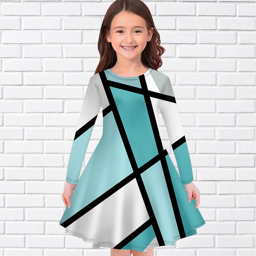 Mädchen Lässig Geometrischer Linien Gitterdruck Rundhals Langarm Kleid Kinder Prinzessinnenkleid