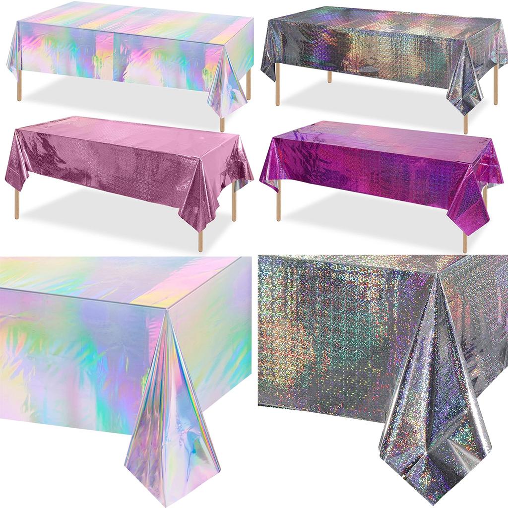 4pcs Aluminum Foil Tablecloths Shiny Rainbow Black Rectangle Tablecloth Dining Table Cover for Wedding Party Banquet Decoration