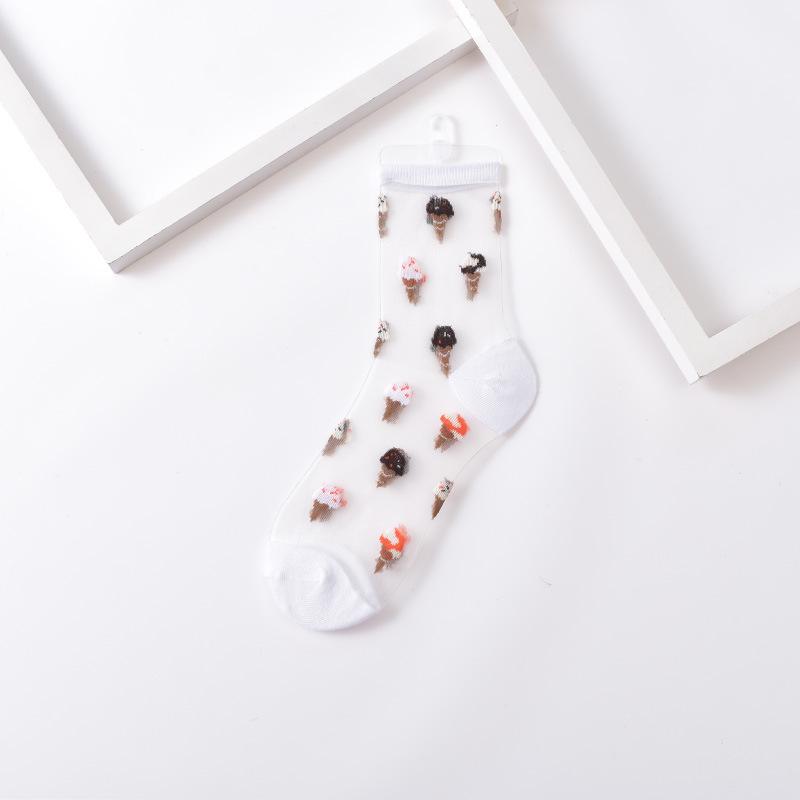 Ultra-thin Transparent Crystal Silk Socks Women Fashion Summer Harajuku Crew Socks Retro Flower Streetwear Elastic Long Socks