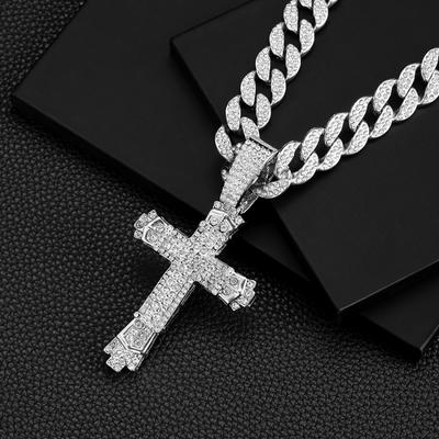 Crystal-Studded Detailed Cross Pendant with Adjustable Cuban Chain - Hip Hop Unisex Alloy Statement Necklace for Men and Women