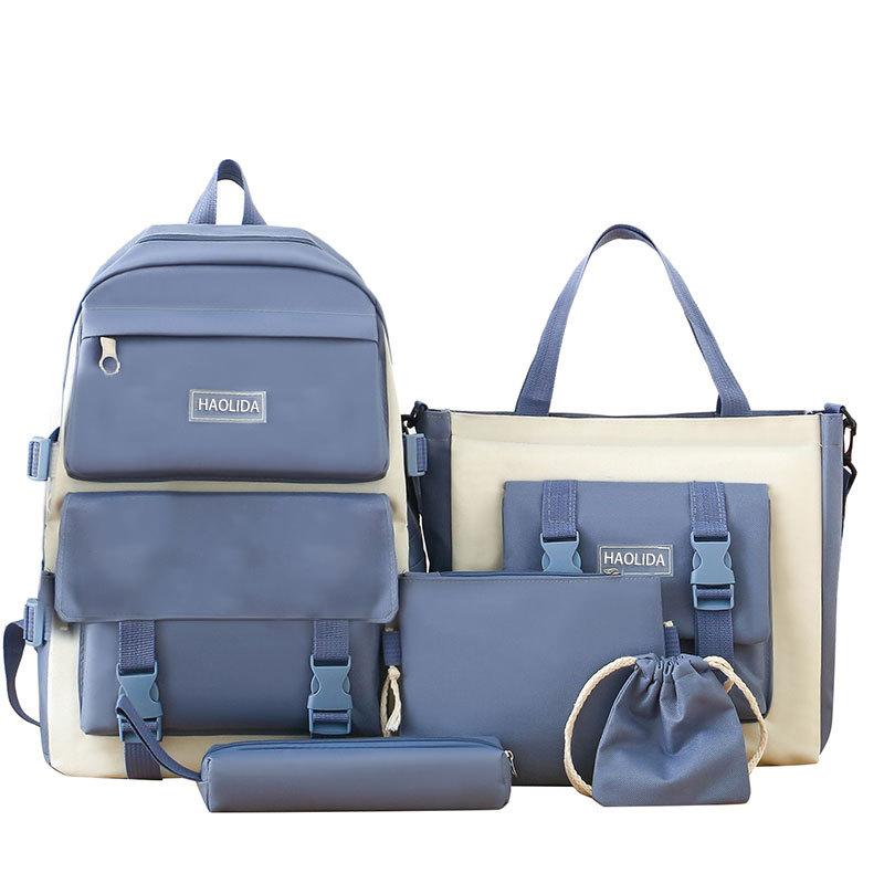 5 Pcs Sets Canvas Schoolbags Girls Women Backpackd Contrast Color Women Laptop Backpack Student Kids Rucksack Backpack