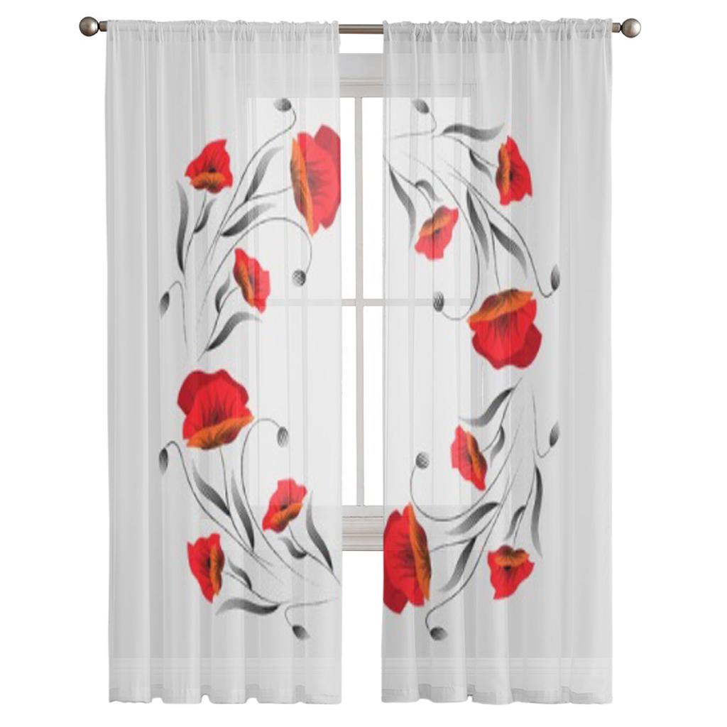 Rote Mohnblumen-Tüllvorhänge für Wohnzimmerdekoration, moderne Schleier-Chiffon-Vorhänge, Schlafzimmer, durchsichtiger Voile