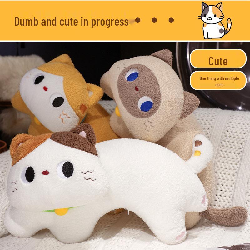 Japanese Three-Color Cat Plush Hugging Pillow for Girls' Bed - Cute Curved Sleep Doll