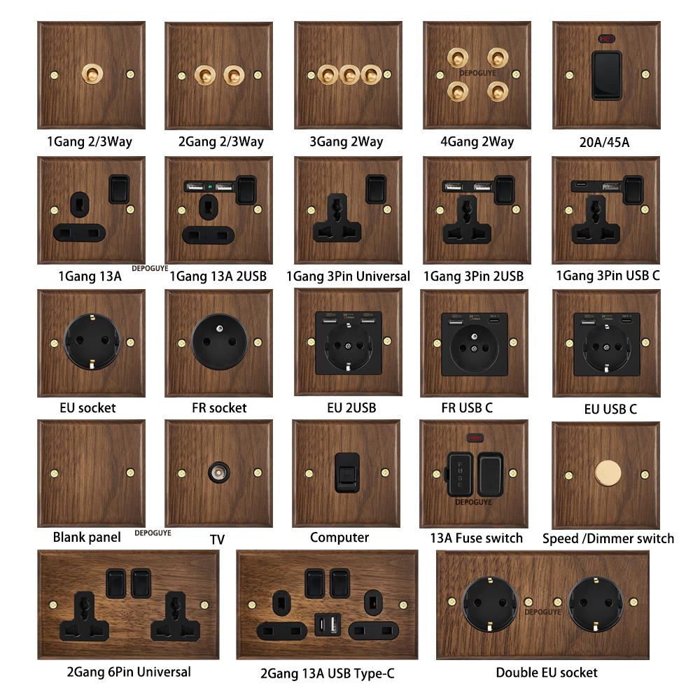 Black Retro Walnut Wall Toggle Switch Panel 1-4Gang 2Way Solid Wood Double EU/FR Socket Universal Usb C Electrical Power Outlet