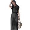 Women Solid Color Long Dress Elegant Summer Midi Dress with Belted Slim Waist A-line Silhouette Pleated Details for Women Round