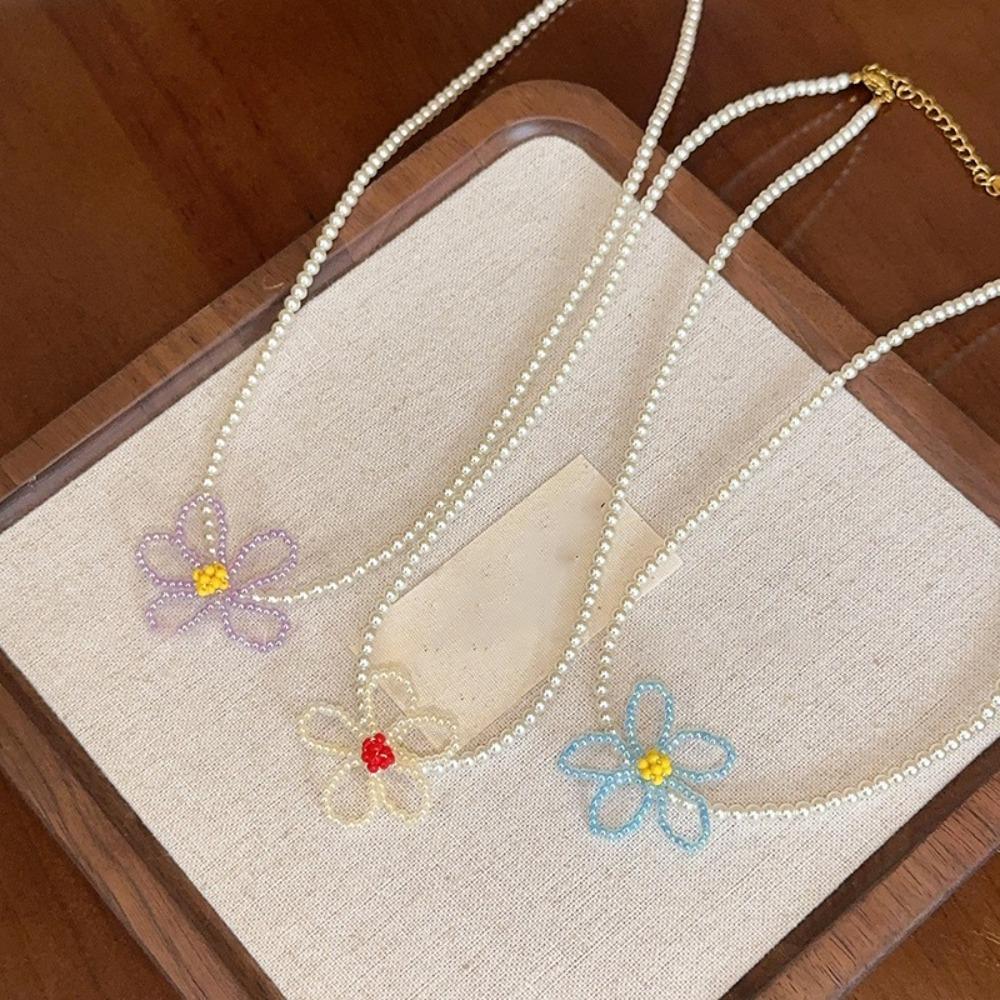 Handmade Flower Necklace Colorful Beads Choker Creative Imitation Pearl Necklace Vacation