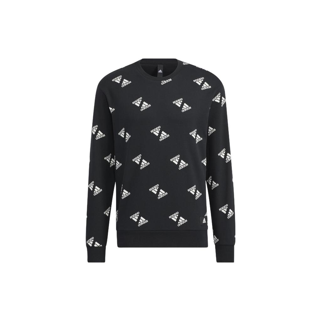 adidas Men's Black All-Over Print Logo Crew Neck Sweatshirt HE7447
