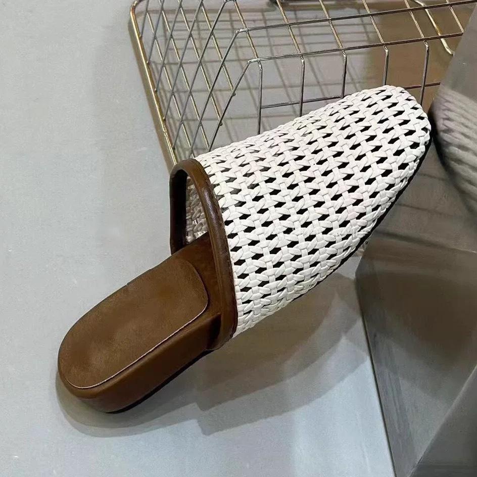 Sheepskin version~ Korean version woven hollow bag head half slippers women's 2025 new summer thick bottom flat bottom sandals outside wear